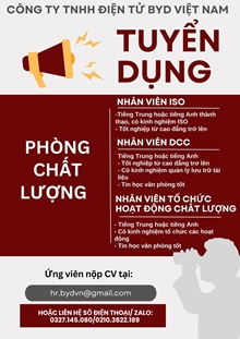 📌Công ty TNHH điện tử BYD Việt Nam TUYỂN GẤP 3 vị trí PHÒNG CHẤT LƯỢNG ❗❗❗